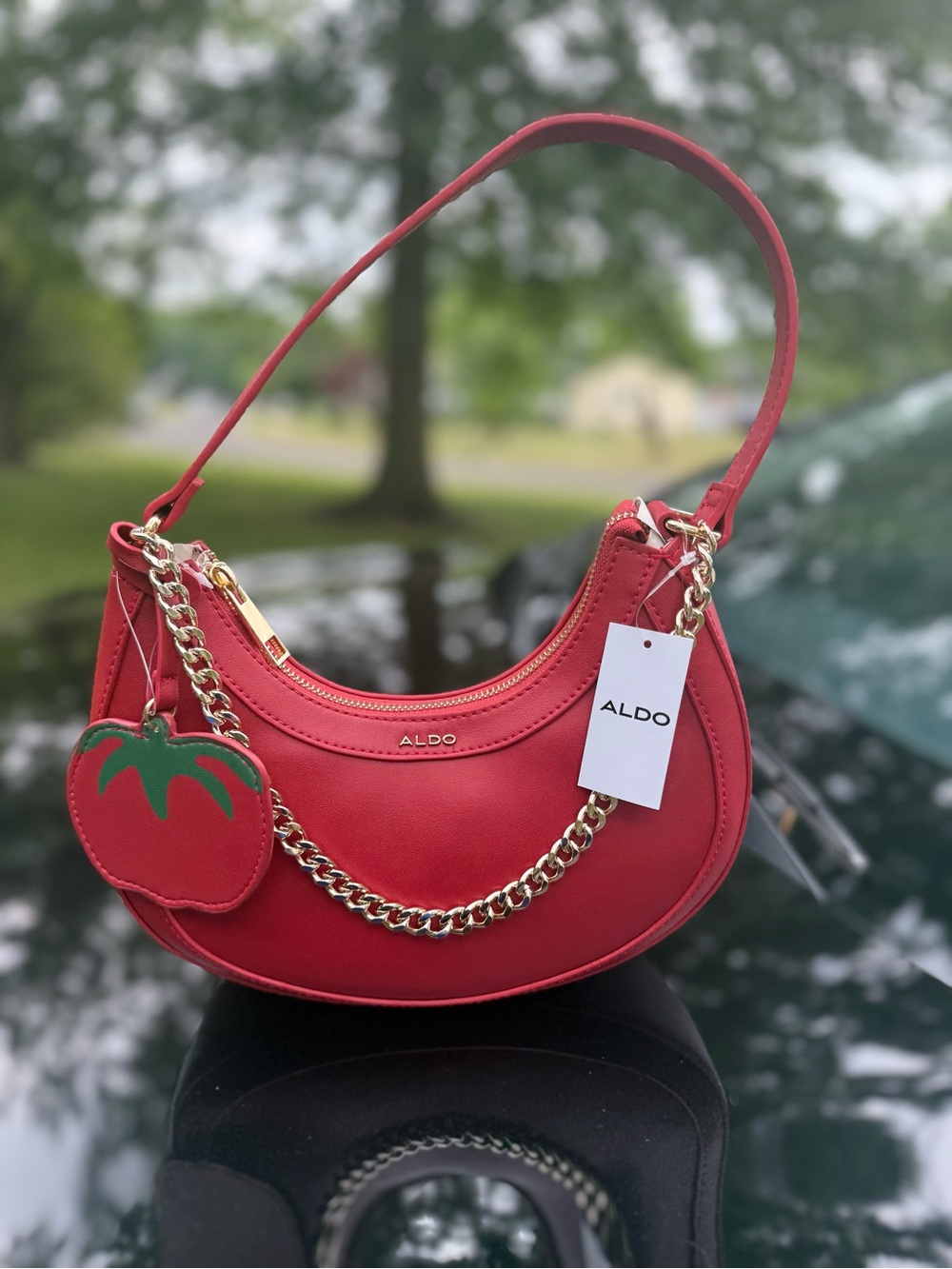 ALDO Red Crescent Shoulder Bag with Gold Chain and Tomato Charm
